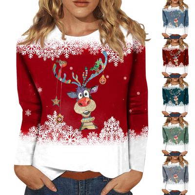 Women's Fashion Casual Long Sleeve Christmas Print Round Neck Pullover Top Blouse