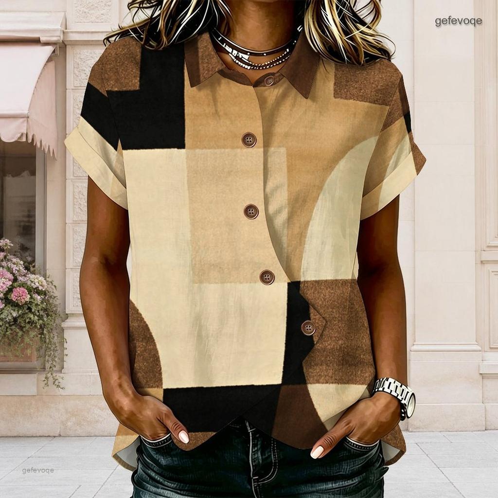 Women Plus Size Shirt Collar Short Sleeve White Gray Red Printed Button Front Cross Hem Blouse