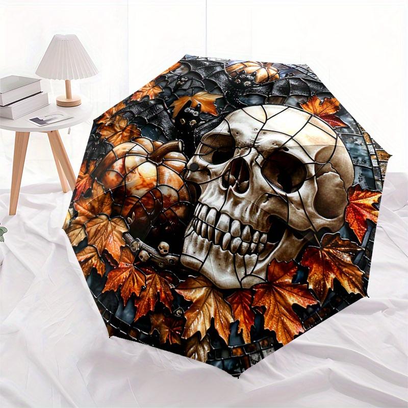 Halloween Skull & Pumpkin Mosaic Wall Art Umbrella, Cute Umbrella with Cute Design, Portable 3-Fold Compact Umbrella for Men & Women, Valentine's Day