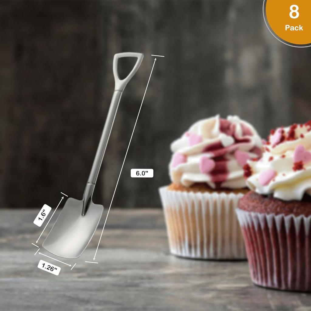 8 Pack 6” Small Shovels Desserts Spoons for Coffee, Espresso, Tea, Party, Kitchen, Gelato, Demitasse, Decorations, Fruit (Stainless Steel, Silver)