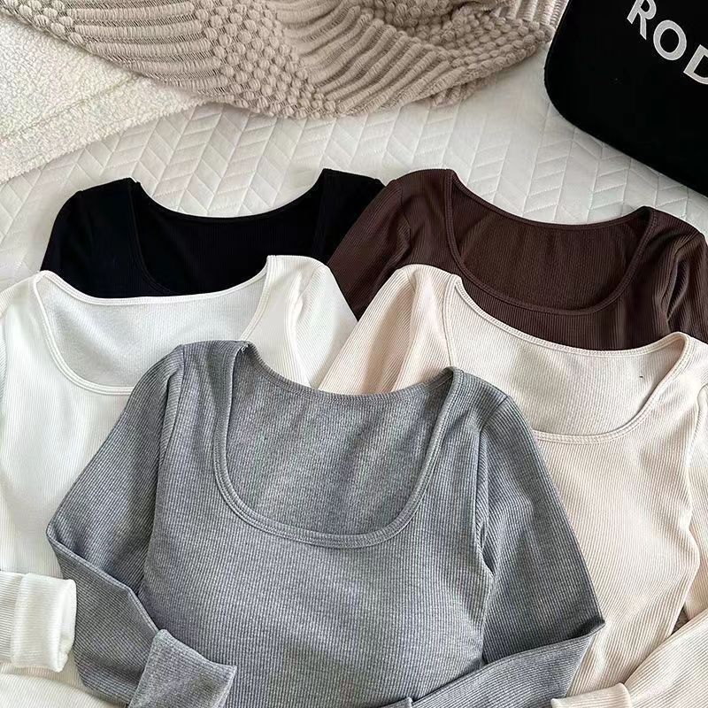 Korean Version with Chest Pad Winter Long Sleeve Woolen Warm and Fleece Thickened Square Collar Collarbone with Bottom Coat Long Sleeve Top