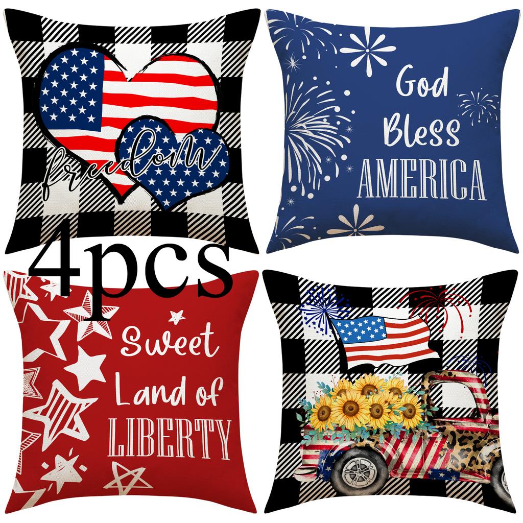 4pcs/Set Cross-Border US Independence Day Pillow Cover Letter Sofa Cushion Cushion Cover Household Goods Without Pillow Core