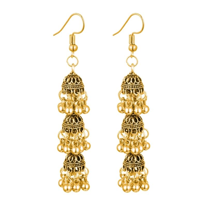 Three Layer Hollow Out Bell Tassels Bohemian Dangling Earrings Pair Made From Sturdy Alloy Versatile For Casual And Formal Wear