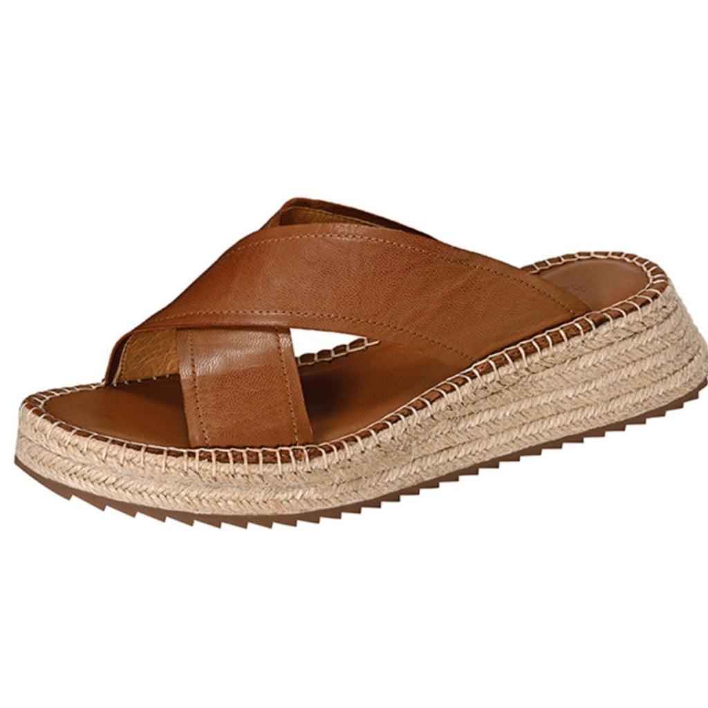 One-word women's 2025 summer new outer wear soft French cross with thick bottom slope heel straw cool round head soft bottom slippers