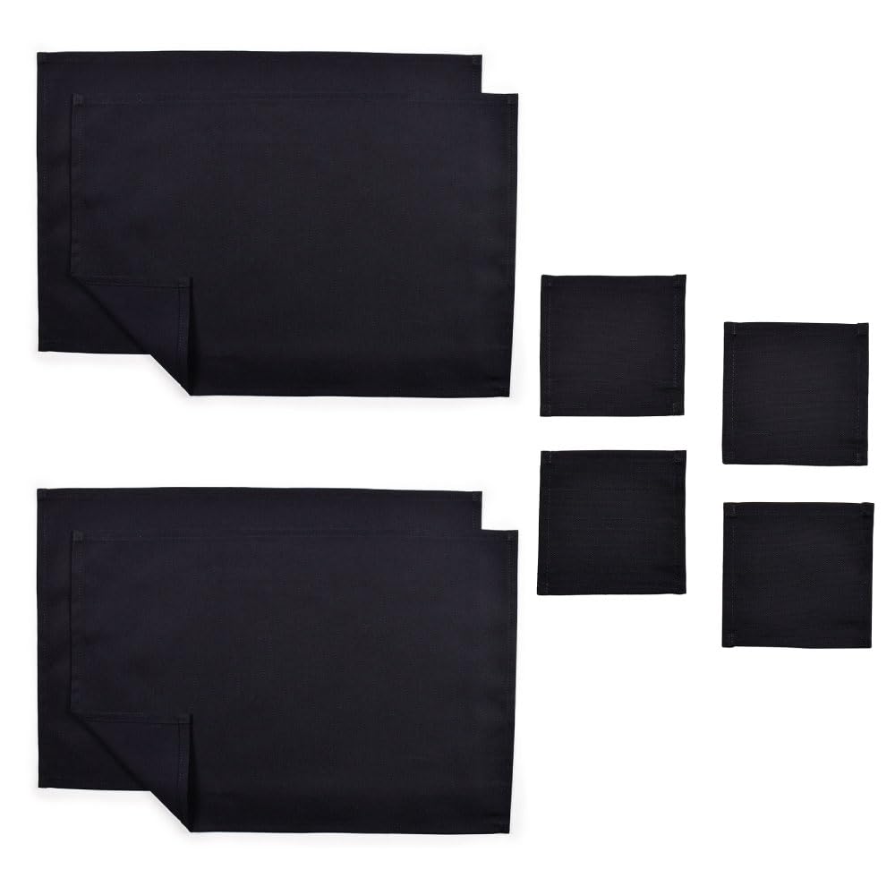STYLE Decor 2-Piece Set: Four 100% Cotton Placemats and Four 100% Cotton Coasters. Perfect for Dining Tables, Parties, and Table Coordination. Black.