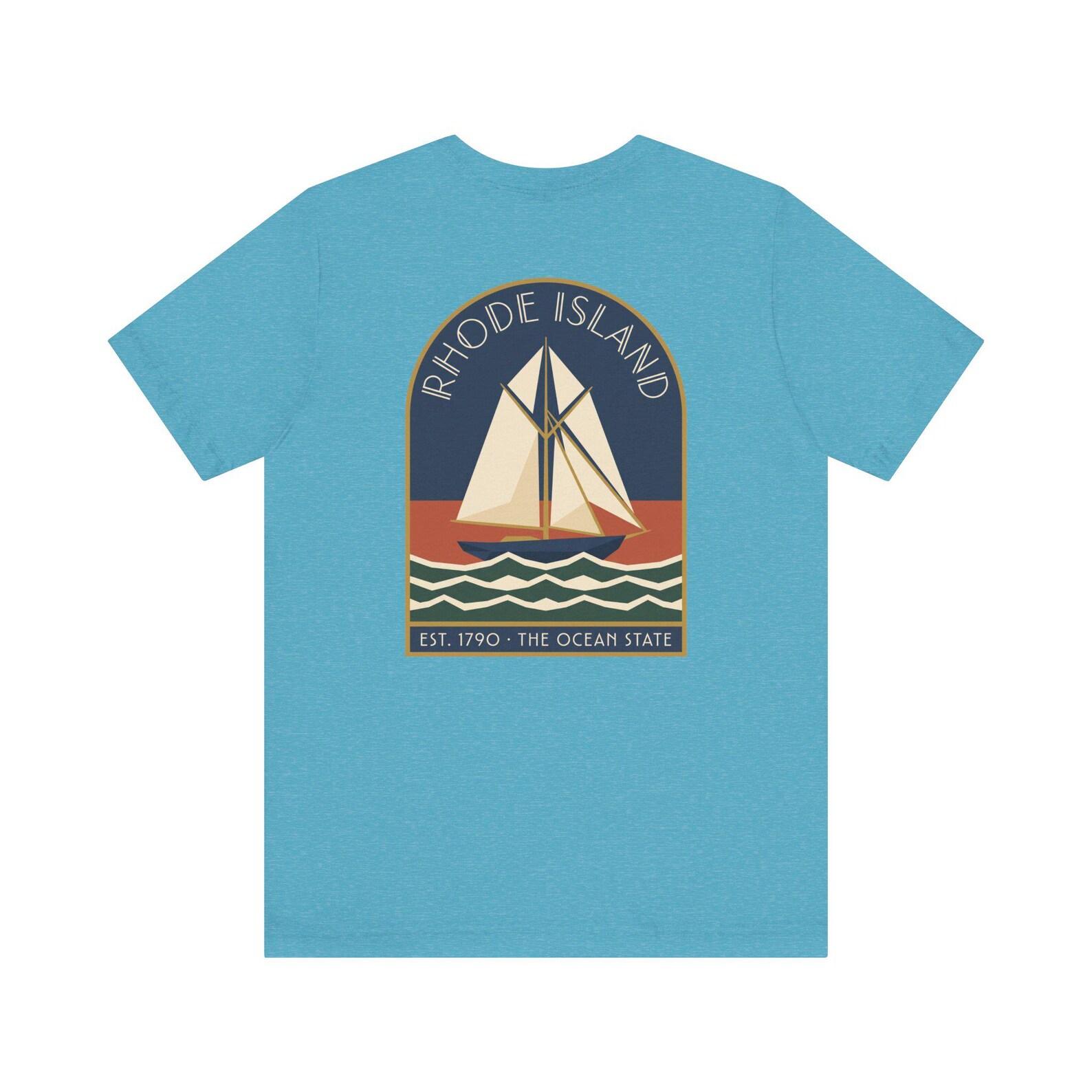 Rhode Island Sailboat Art Deco T-Shirt | Retro Ocean State Coastal Graphic Tee | Rhode Island Gift M