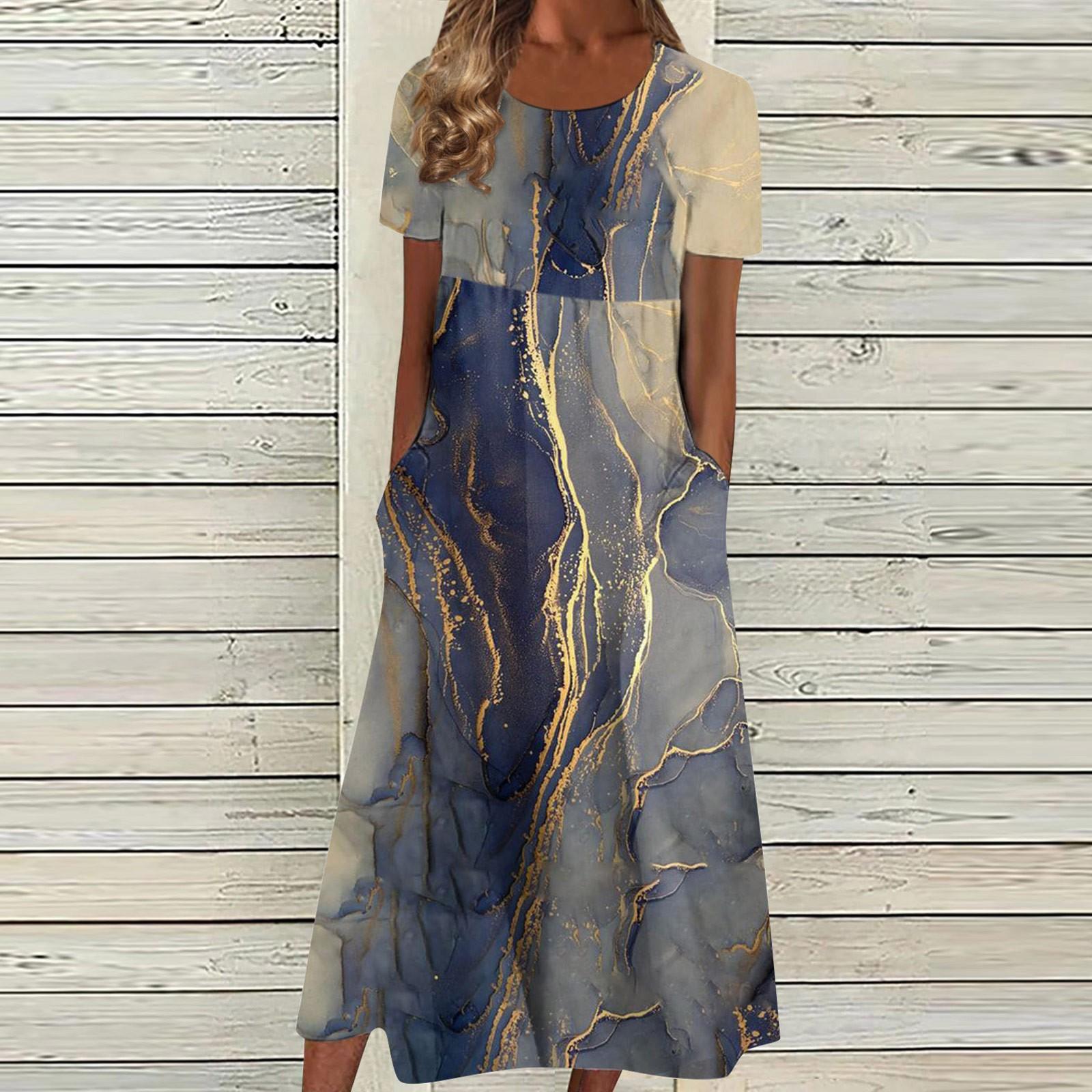 Женское летнее повседневное модное платье с коротким рукавом и карманом с круглым вырезом — фото 10