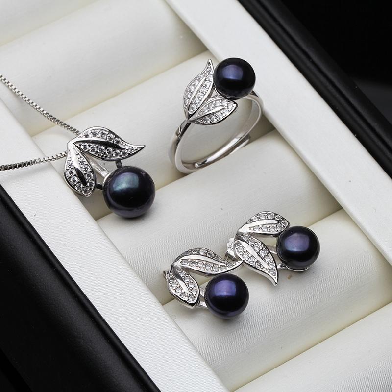 Real Pearl  Ring Necklace Earrings For Women,Natural Freshwater White Pearl Jewelry Set 925 Sterling Silver Jewelry Sets Gift