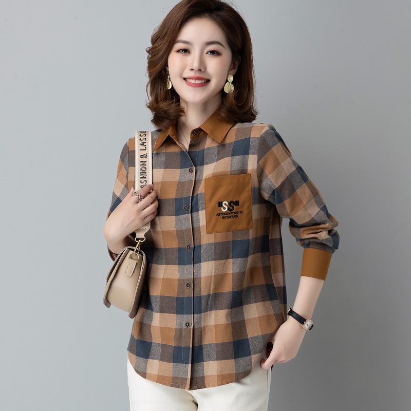 Autumn Plaid Cotton Long Sleeve Shirt for Middle-Aged & Elderly Women - Casual Slim Fit with Lapel