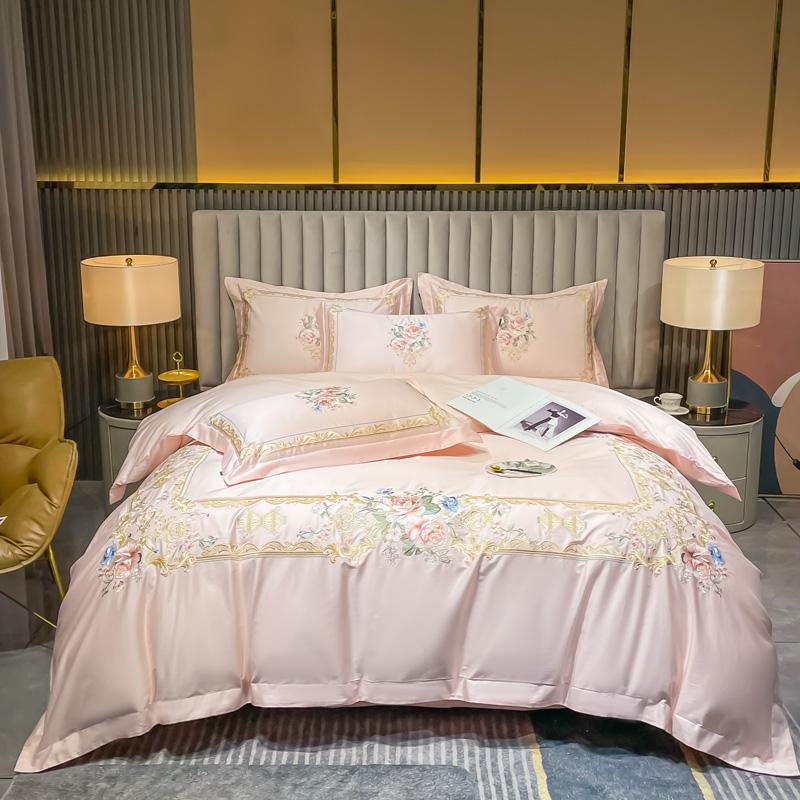 Kwiaty Haft Luksusowy Europejski Styl Pałacowy Zestaw Pościeli Egipska Bawełna Poszwa na Kołdrę Prześcieradło/Prześcieradło z Gumką Poszewki na Poduszki 4szt.