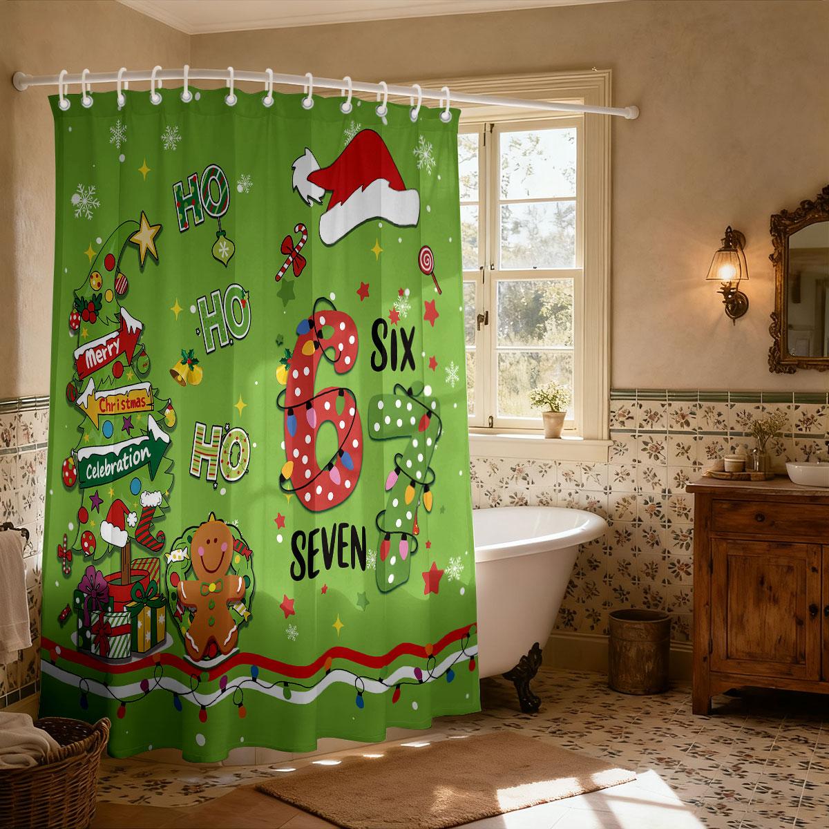 

1 шт. Зеленая мультяшная водонепроницаемая шторка для душа с принтом рождественской елки, перегородка, приватная подвесная штора с 12 крючками, разные размеры 180*180cm
