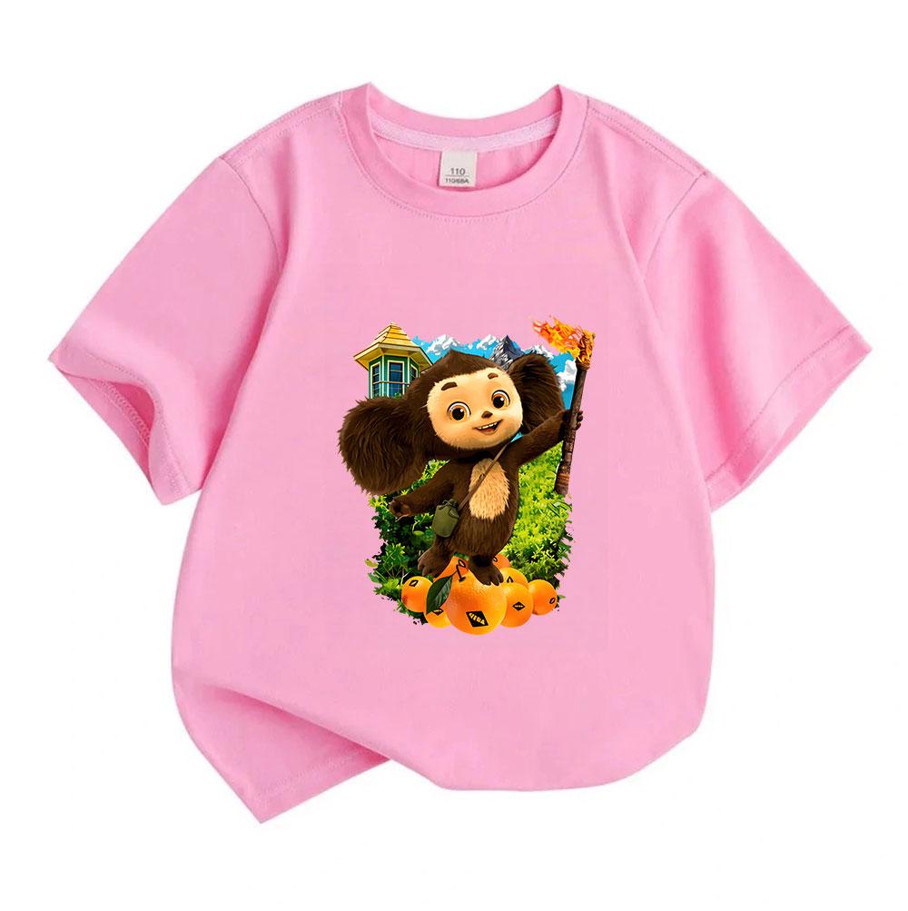 Unisex Kids Boys Girls Crew Neck Short Sleeve 100% Cotton T-Shirt, Cute Cheburashka Print Tee with Torch Orange Pattern Casual Soft Summer Daily Wear