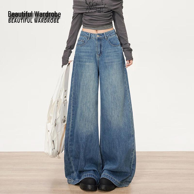 BEAUTIFUL WARDROBE Women s American Retro Washed Curved Wide-Leg Jeans XS