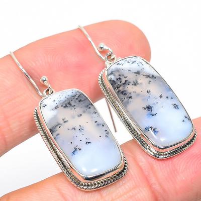 Natural Dendrite Opal Gemstone 925 Solid Sterling Silver Gift Earring 1.75" y8H45
