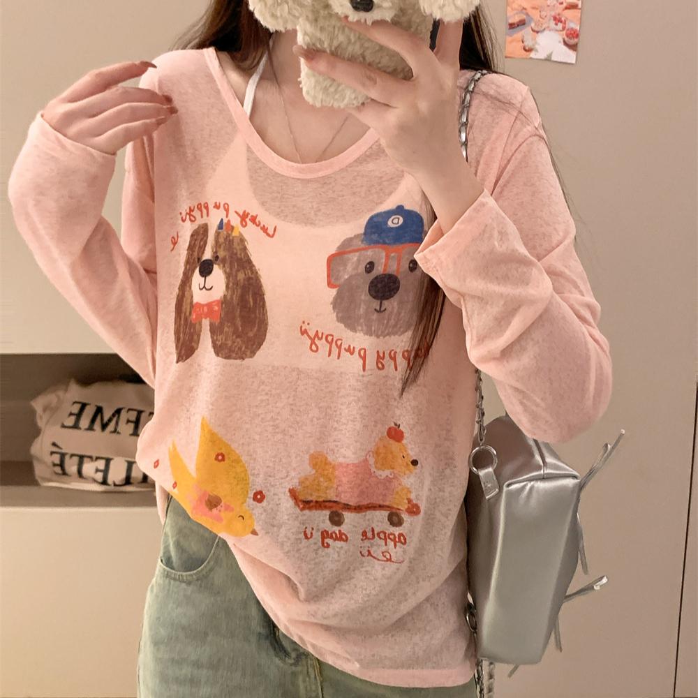 

Летние забавные футболки с длинным рукавом с рисунком, женские повседневные свободные тонкие слегка прозрачные солнцезащитные топы, белая футболка One Size