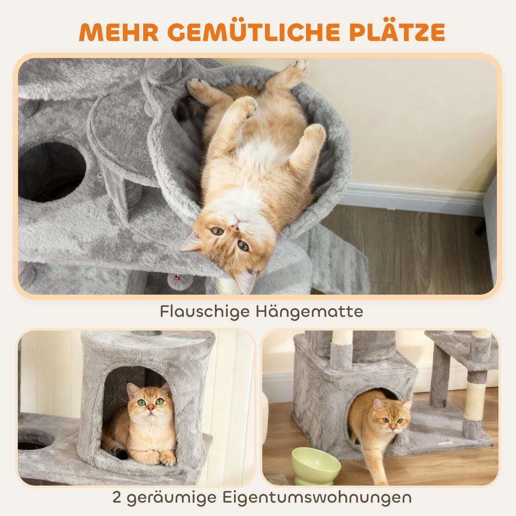 170 Cm Large Cat Tree, Cat Tower with 7 Scratching Posts, Tunnel, 2 Condos, Hammock, Perch, Ramp, Pompoms, Light Grey