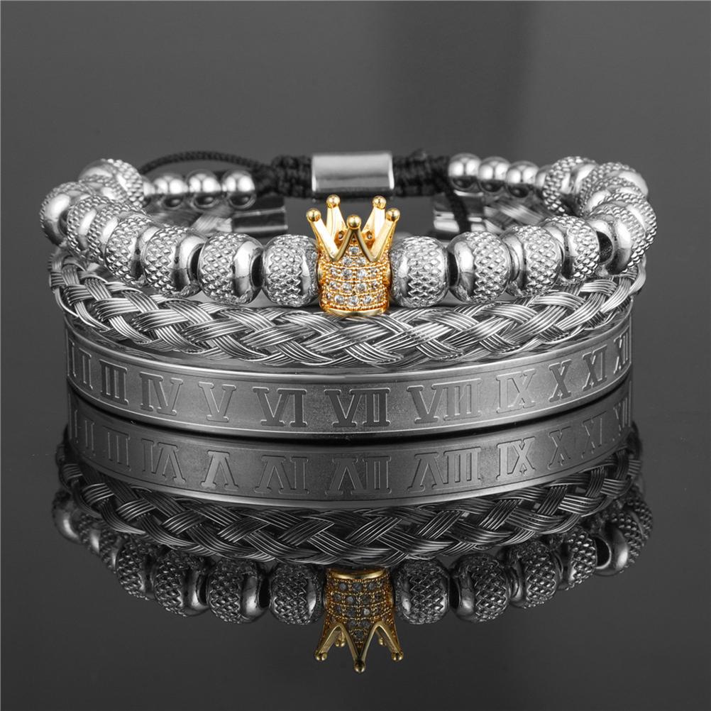 Luxury Micro Pave Crown Bracelets Roman Royal Charm Mens Bracelets Stainless Steel Crystals Bangles Couple Jewelry Gift