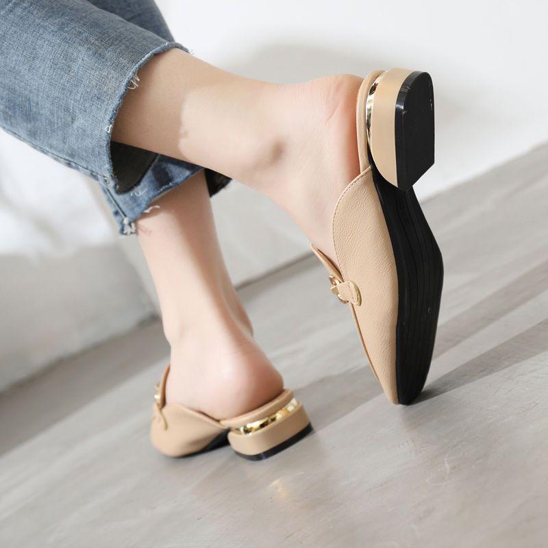 Fashion Black Job Low Heel Outside Leather Mules Nude Color Women's Slippers and Ladies Sandals Slides Shoes Small Size On Offer Trend F