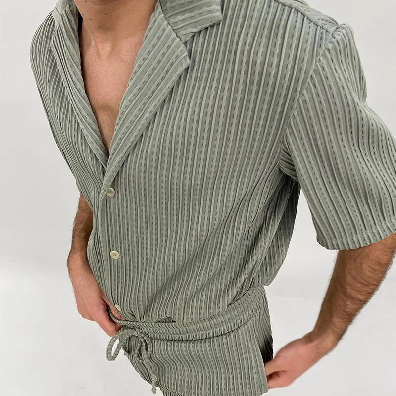 Men Sets Summer Casual Short-sleeved Shirt Shorts Fashion Striped Suit Male Two-piece Set