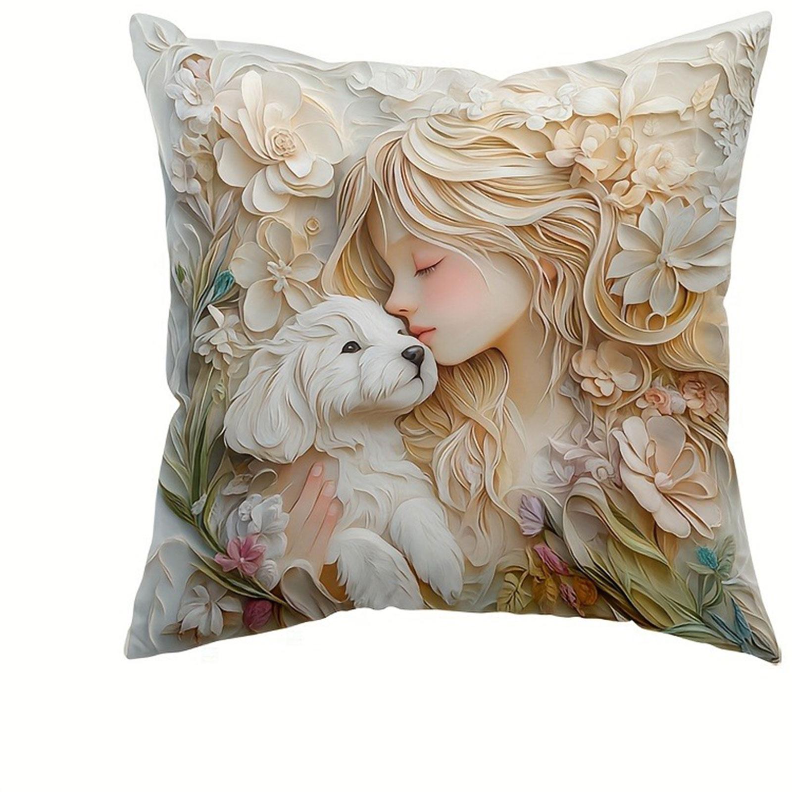 pc D Paper Art Girl and Dog Printed Pillowcase Relief Visual Effect Sofa Bedroom Cushion Box Flower Pet Theme Home Decoration 45x45cm