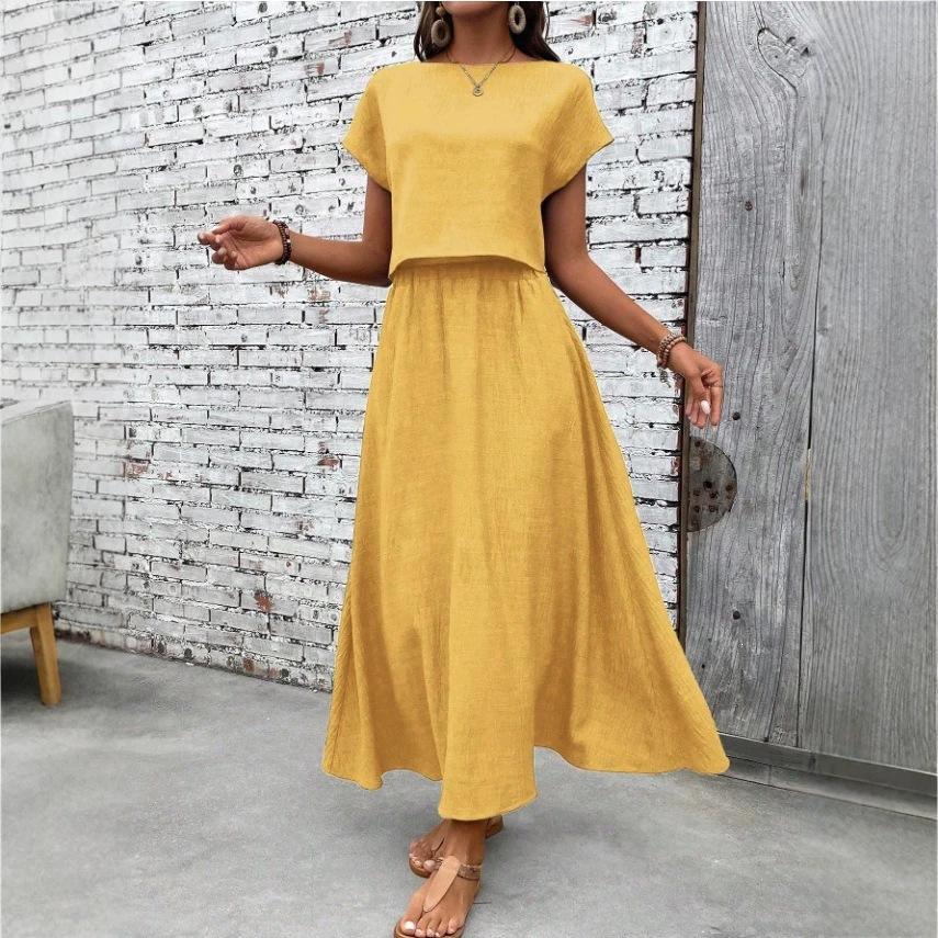 2026 summer fashion casual European and American cross-border 2-piece set women's solid color short-sleeved top and casual A-shaped skirt set