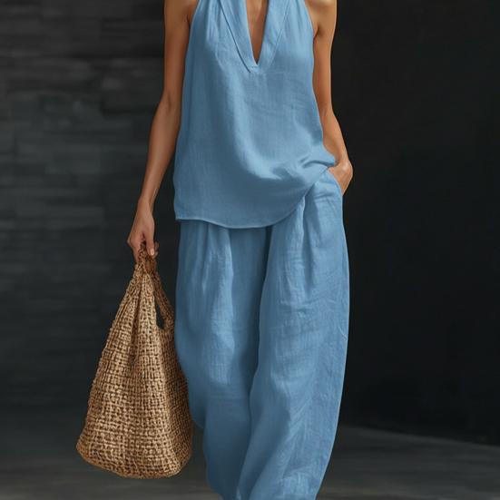 Dámský dvoudílný top s halter výstřihem bez rukávů, outfit s vysokým pasem, kalhoty s V-výstřihem, ležérní volné kalhoty, letní domácí oblečení