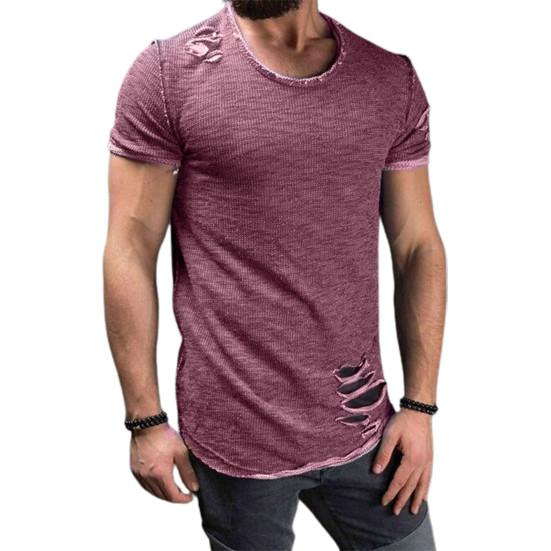 Summer T-shirt Solid Color Short Sleeve Cotton Blend Hole Design Top Pullover for Men T-shirt