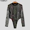Men Long Sleeve Embroidery Floral Mesh See Through Party Clubwear Bodysuits Jumpsuits