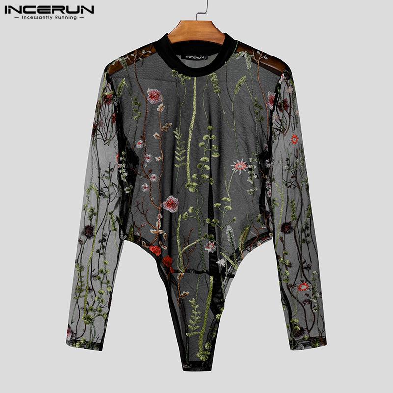 INCERUN Men Long Sleeve Embroidery Floral Mesh See Through Party Clubwear Bodysuits Jumpsuits