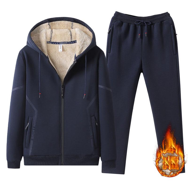 Mens Lambswool Thickened Sportswear Set Autumn Winter Plus Size Fleece Cardigan Two Piece Sweatshirt