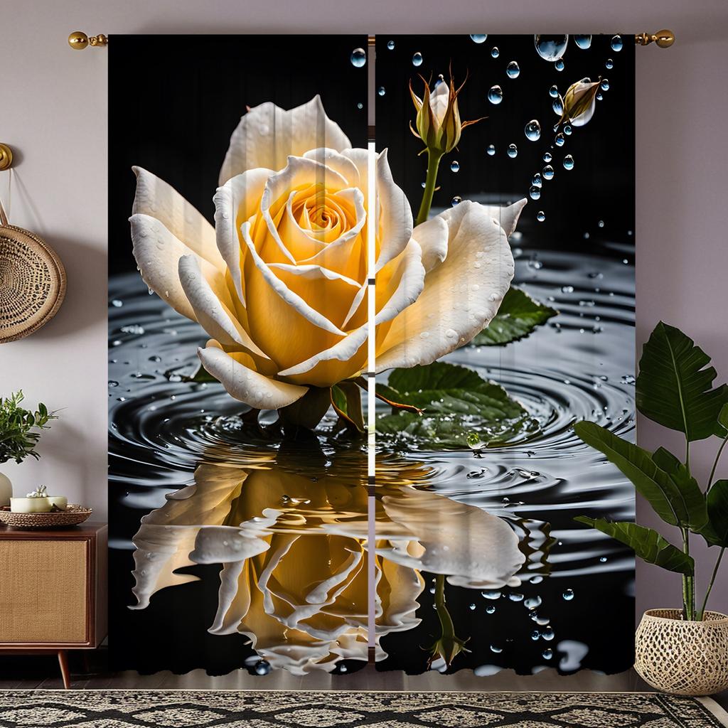 2 Stück HD Wasserrose Dekoschals Gelb digital bedruckte Vorhänge Heimdekorationsstil Dekoration Wohnzimmer Schlafzi