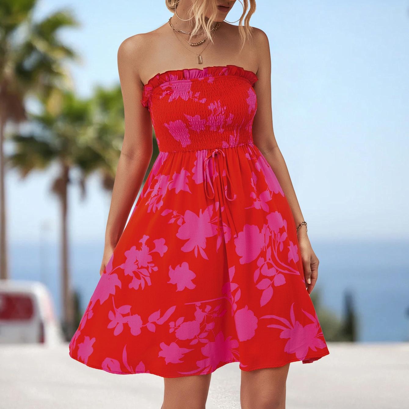 

QICED Лето-весна с цветочным принтом без рукавов Свободное женское платье с запахом и принтом на одно плечо XL