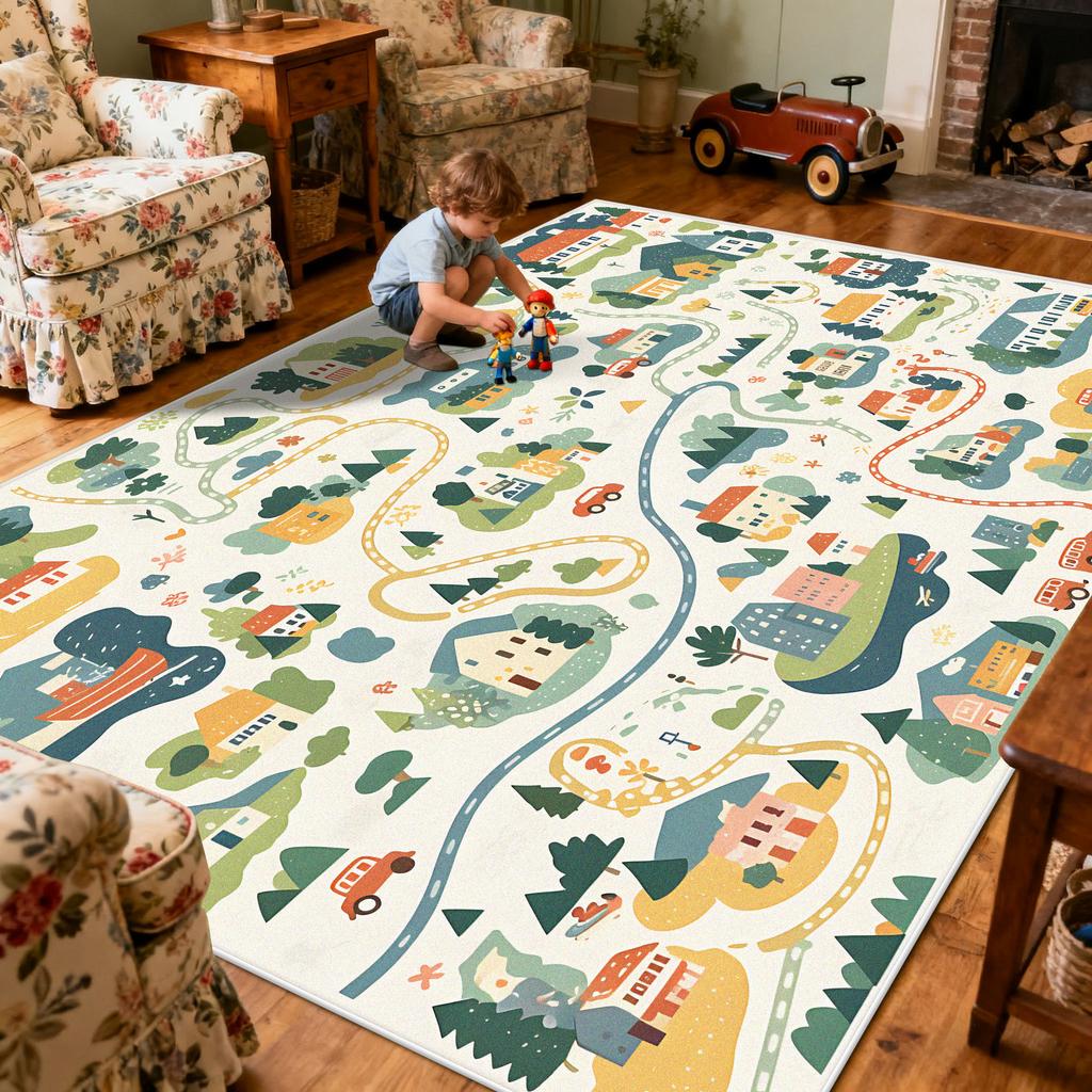 Children Amusement Park Living Room Carpet Thickened Short Velvet Cartoon Road Large Rugs Decor Bedroom Baby Crawling Mat Floor