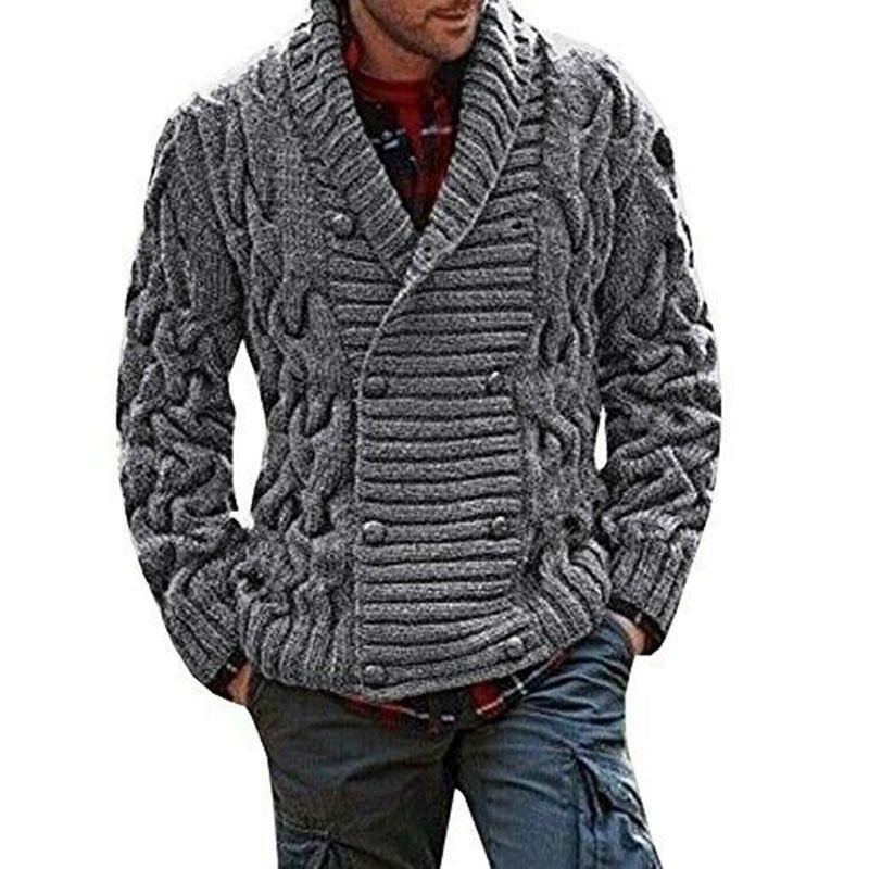 Thick Mens Knitted Shawl Collar Double Breasted Cable Knitwear Cardigan Sweater