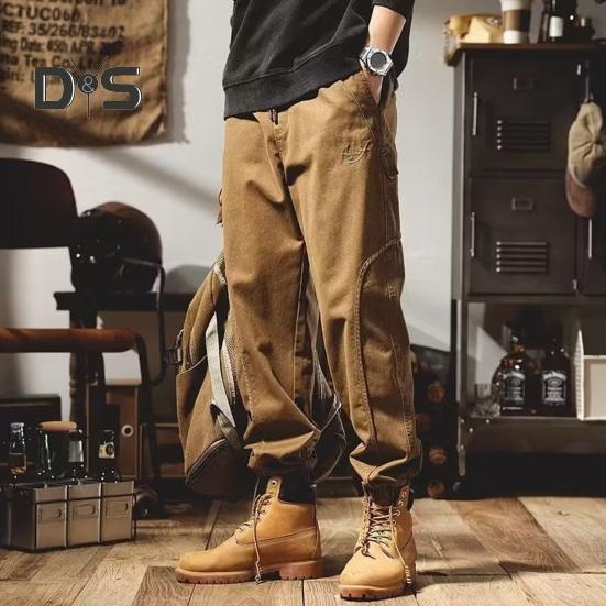 Fall Spring Men Cargo Pants Ankle Banded Loose Wear Resistant Drawstring Elastic Waist Pockets Outdoor Work Trousers