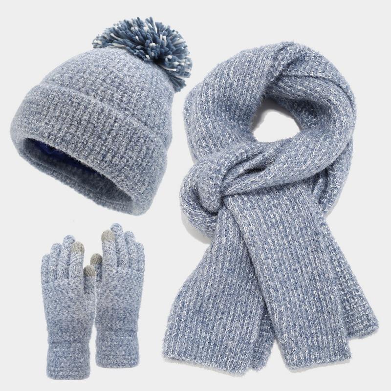 New Two-color Women's Coarse Pattern Big Hairball Hat Set, Thickened Warm In Autumn and Winter, Simple and Cold-proof Three-piece Set