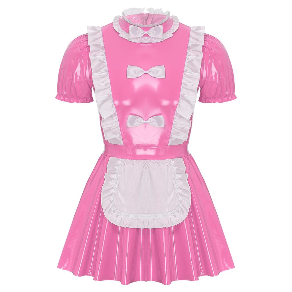 Mens Sissy Maid Dress Ruffles Trims Bow Apron Puff Sleeve A-Line Dress