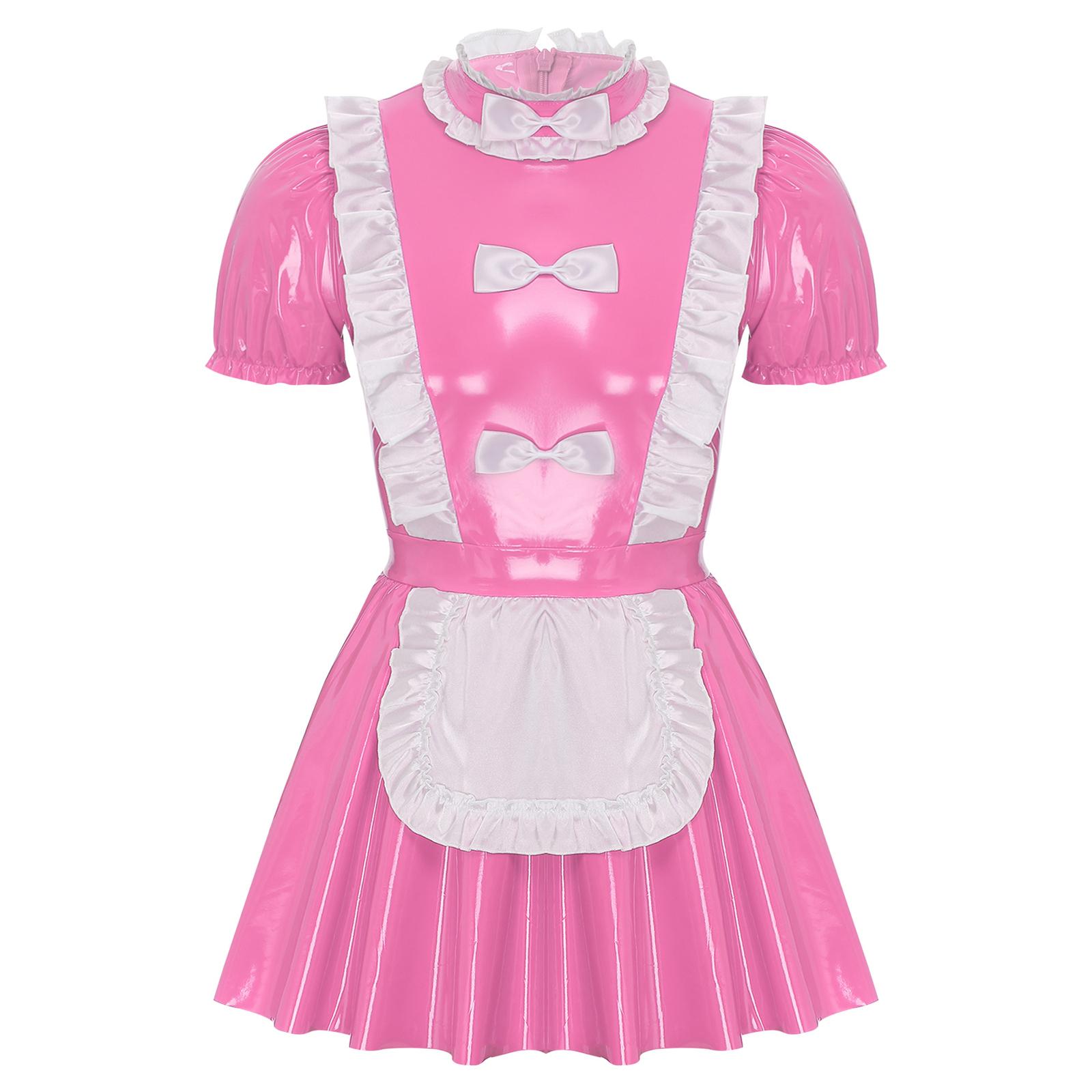 

Mens Sissy Maid Dress Ruffles Trims Bow Apron Puff Sleeve A-Line Dress L рожевий