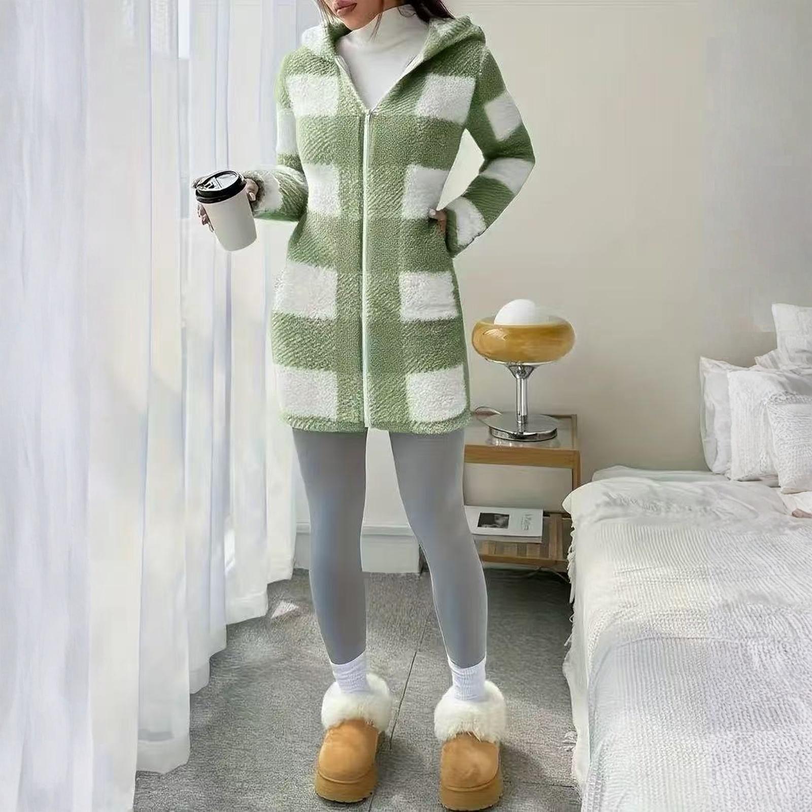 

Женский / зимний кардиган из овечьей шерсти на молнии с капюшоном, флисовое повседневное пальто XL зелёный