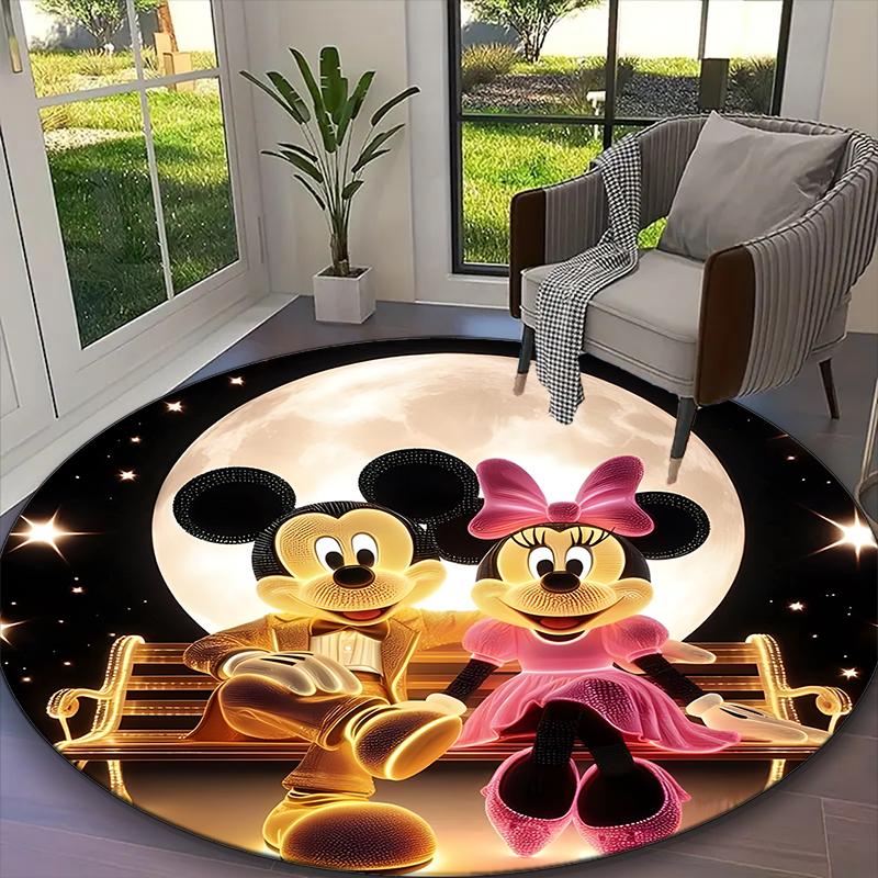 1pc Mickey And Minnie Moonlight Floral Yellow Rug, Comfortable Printed Home Round Carpet, Cozy Office Chair Rug