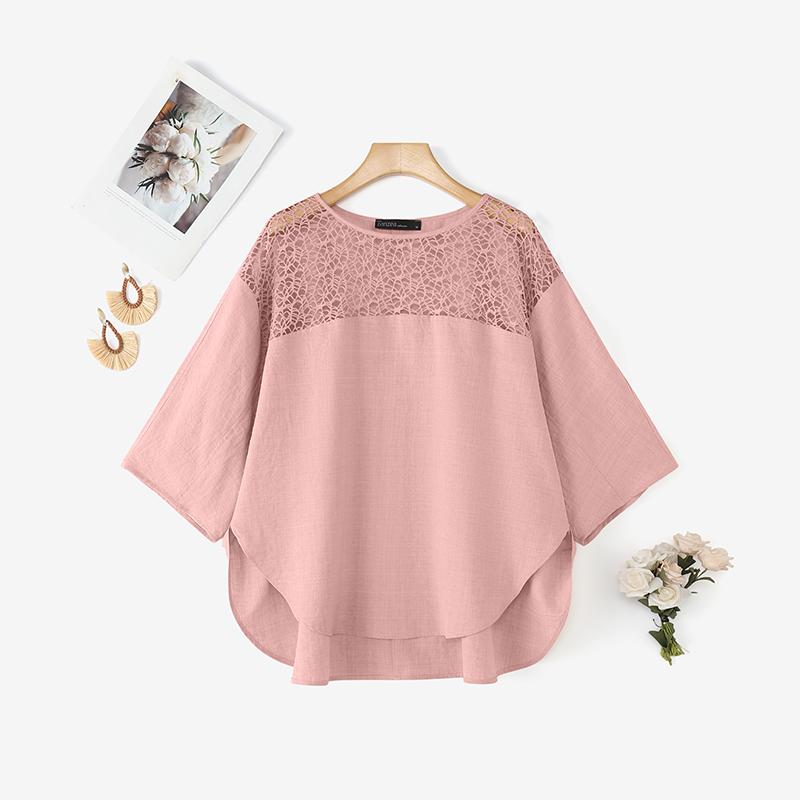 

ZANZEA Женская блузка с круглым вырезом, повседневная, с рукавами 3/4 и ажурной вставкой 5XL розовый