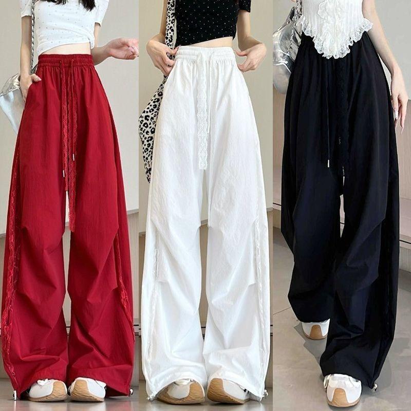 Summer Women Lace Cargo Pants High Waist Hollow Out Design Loose Fit Wide Leg Trousers