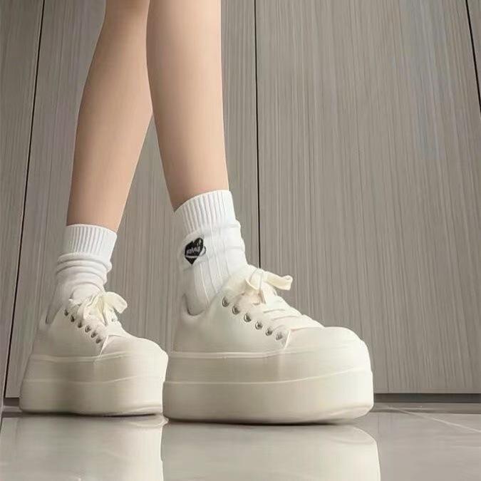 White sneakers spring new thick-soled ugly cute big-headed bread shoes heightening casual board shoes