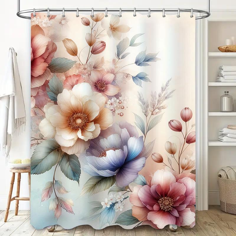 Luxurious Floral Printed Shower Curtain Pink Flower Decor Bath Mat Accessories Waterproof Bathroom Liner for Home Decoration (Wh