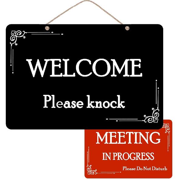 Meeting In Progress Sign,Do Not Disturb In Session Office Door Indicator,Welcome Please Knock Plaque for Business Home Office Meeting, Privacy Home