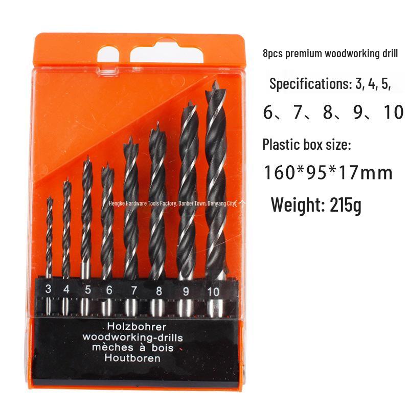 8-Piece High Carbon Steel Three-Point Woodworking Drill Bits Set (3-10mm) for Hand Drilling Wood Boards