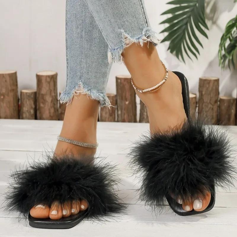 Fashion 2025 Hot Sale Women's Shoes Open Toe Women's Slippers Plus Size Daily Slippers Women Square Toe Feather Flat with Female Sandals