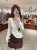 Chic V-Neck Lace Patchwork Long-Sleeve Slim-Fit Korean Style Top for Autumn/Winter