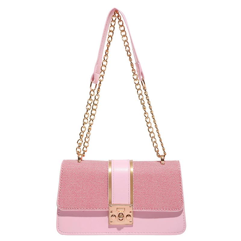 Top-Handle Bag Simple Women'S Chain Shoulder Bag Small Square Handbag Exquisite Pu Leather Canvas Patchwork Bag For Workplace