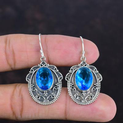 Facettierter Schweizer Blautopas Ohrring Vintage Schmuck 925 Sterlingsilber Ohrring Handgemachter Ohrring Hochzeitsschmuck Edelsteinohrringe Geschenk für Mama
